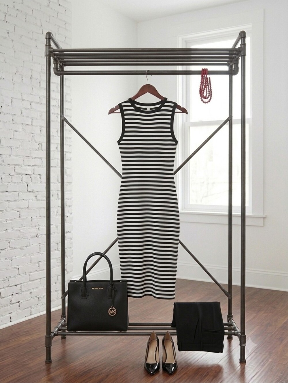 MICHAEL Michael Kors Black and White Striped Midi Dress